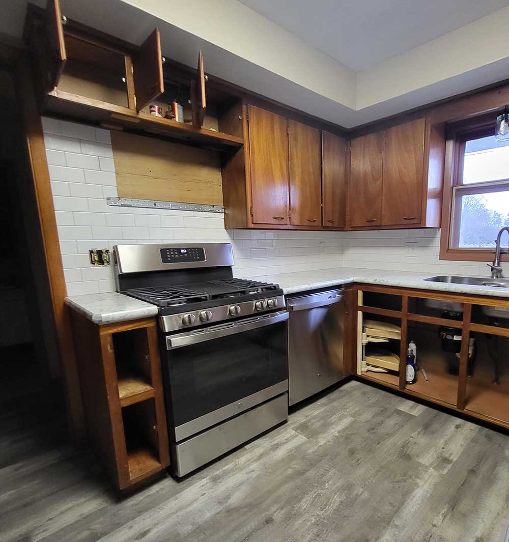 Kitchen refacing before completion no doors or drawers installed yet Kitchen refacing before completion