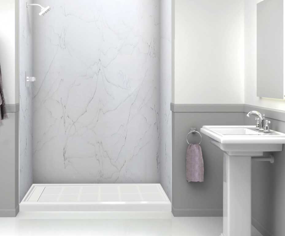 Walk in shower with Samuel Mueller walls in Carrara Walk in shower with Samuel Mueller walls